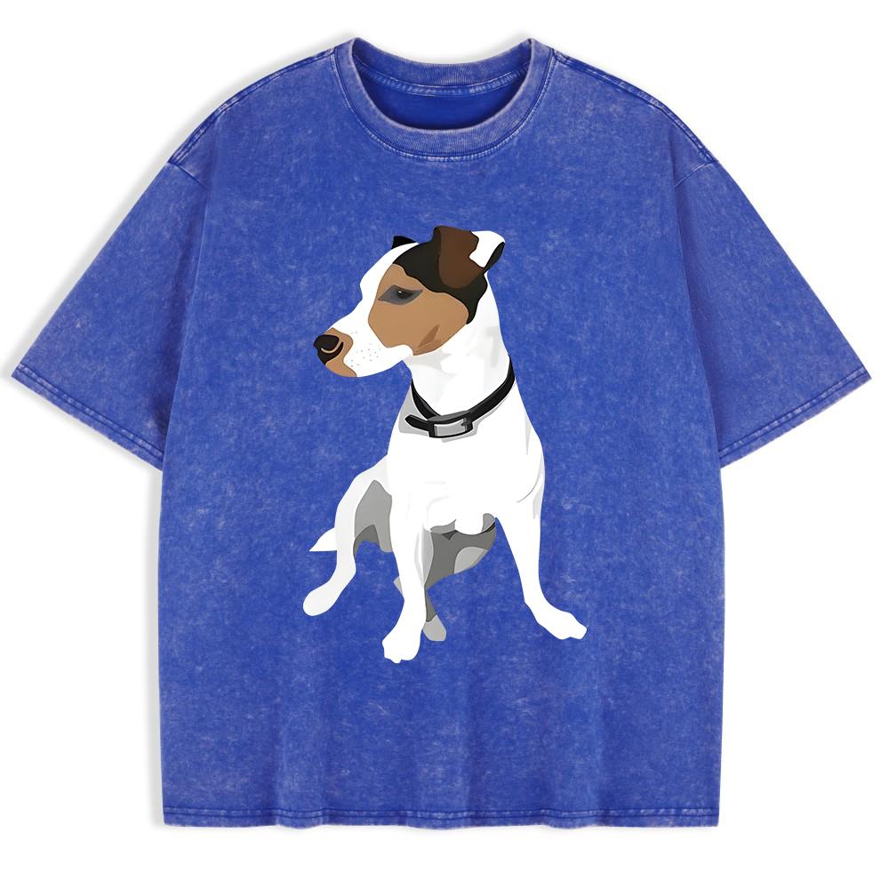 Russell Terrier Puppy Print Washed T-Shirts Mens Cotton Short Sleeve Tops Summer O-Neck Oversize T Shirt Basic Soft Clothes