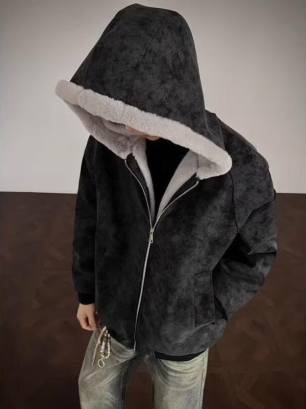 Herren Winter American Eagle Kapuzen-Lederjacke mit Litschimuster und warmem Kaninchenfell-Futter