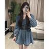 2025 Early Autumn Retro Slimming Mid-Length Denim Dress with Frog Closures - Korean Style, Petite Fit