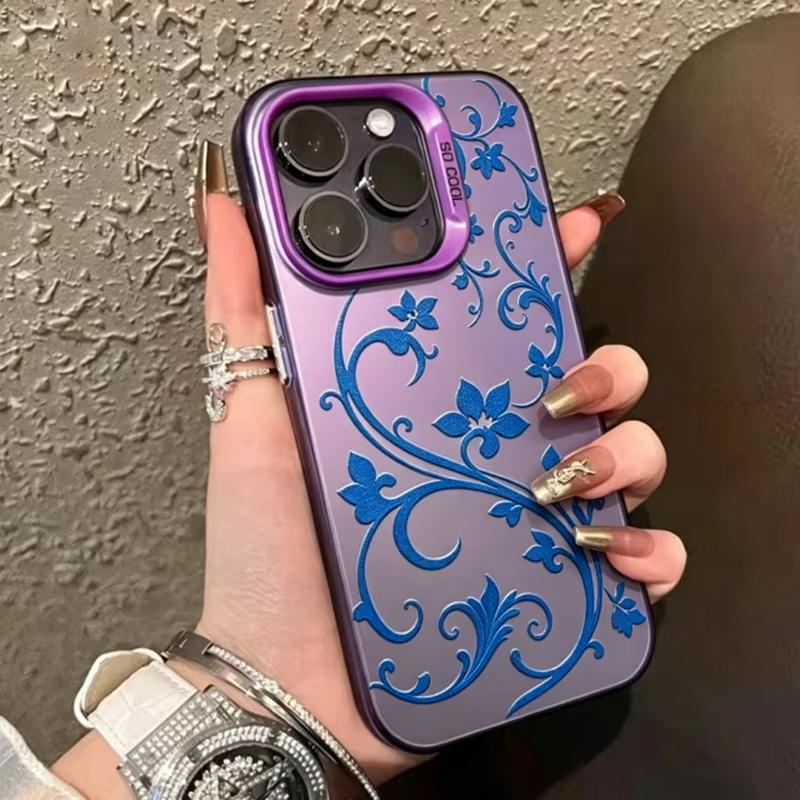 Purple Blue Floral Vine Phone Case For iPhone 17 Air 16 Pro Max 16E 15 14 Plus 13 12 11 XS XR Electroplate Silver Back Cover