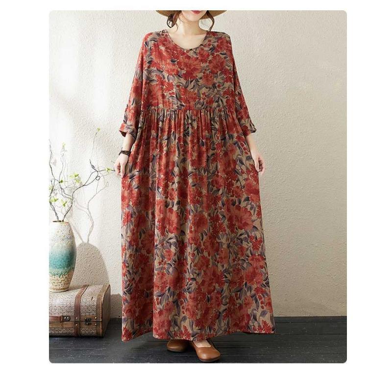 Round Neck Long Sleeve Loose Literary Vacation Style Plus Size Skirt