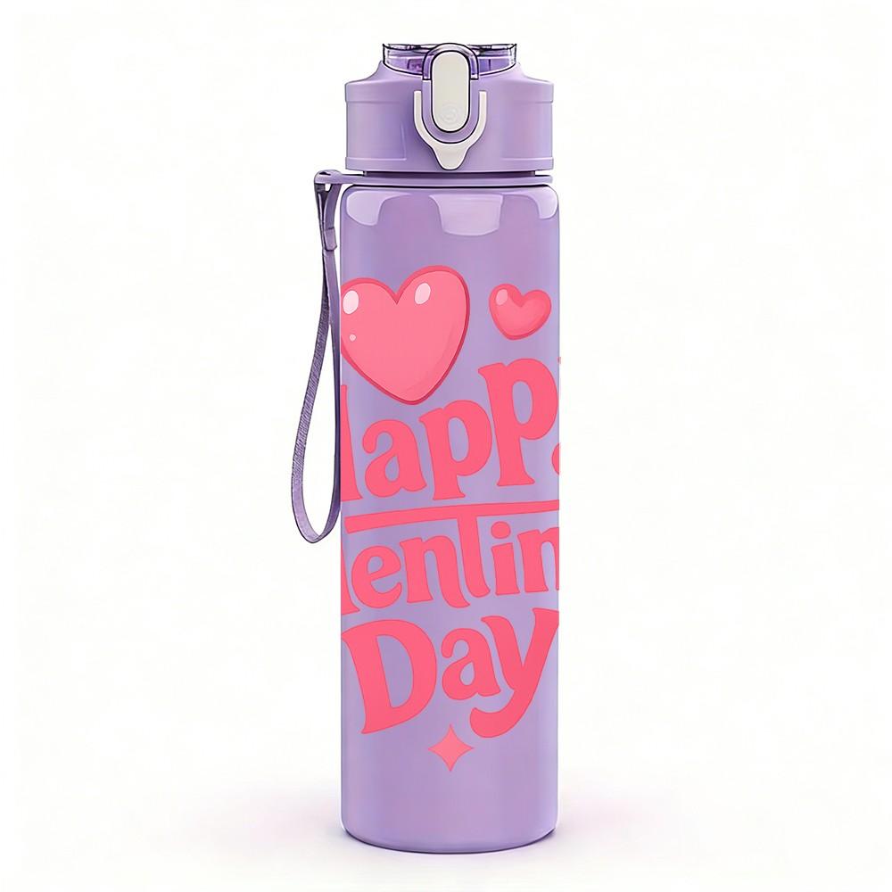1PC Happy Valentines Day Text Print 750ml Color Plastic Sports Water Bottle Leakproof Flip Straw Lid Suitable for Sports Office Home Use