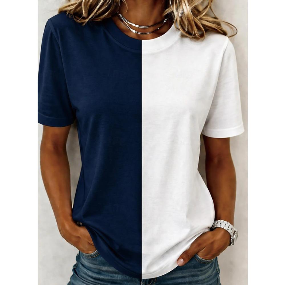 Moda Donna Retro Creativa Mezza Giunzione Stampa Maglietta Divertente Casual Girocollo Maniche Corte Maglietta Estiva Femminile Maglietta