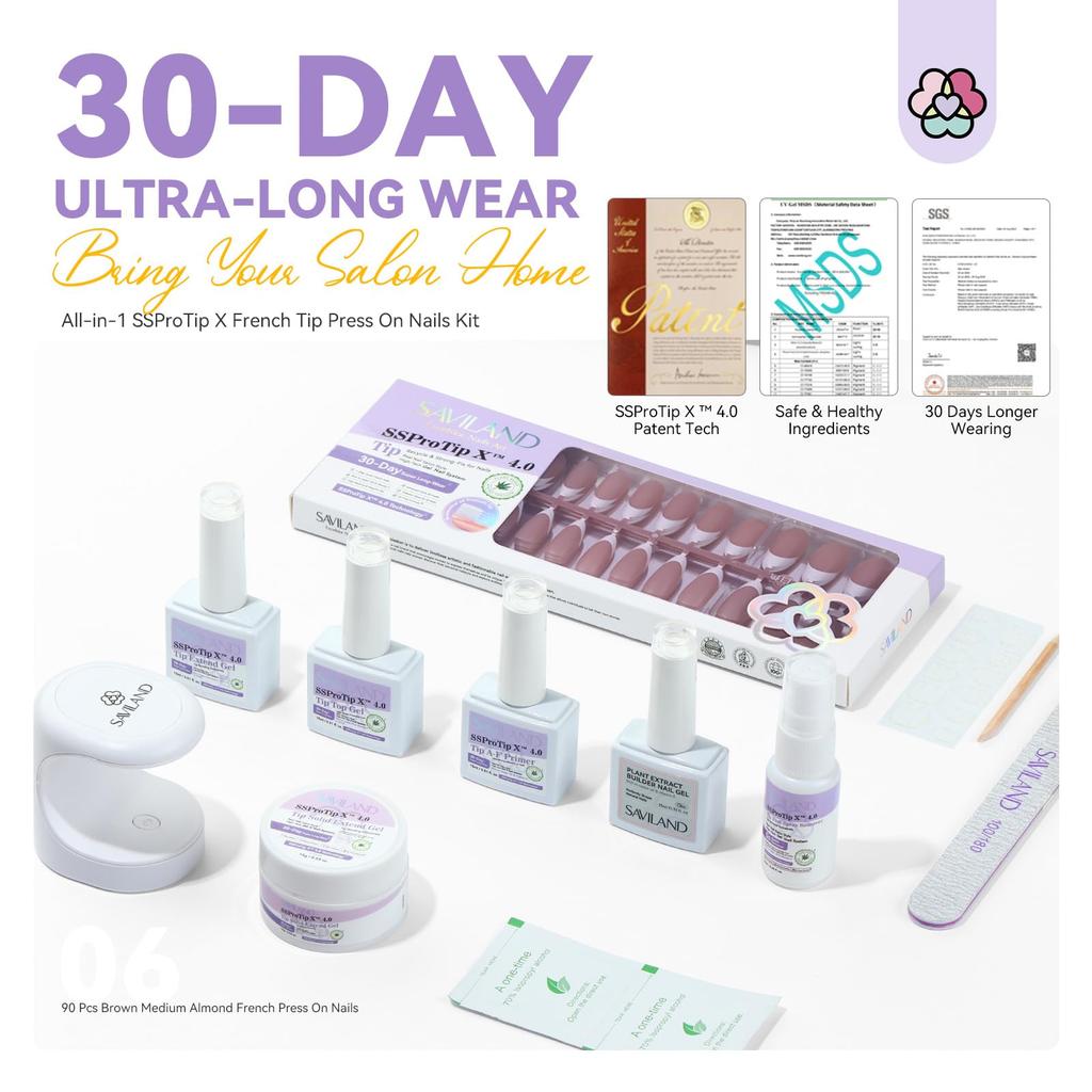Saviland Nail Glue Gel Diamond Pink Nail Starter Gel Nail Fake Acrylic Thick UV Curing Nail Gel Fake Nail DIY Art Kit 4-in-1 Press-On Kit
