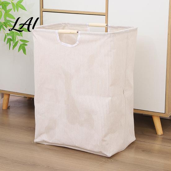 Cotton And Linen Laundry Organizer Basket with Wooden Handles Large Space Saving Bag Basket Storage Foldable for Families Collapsible Hamper