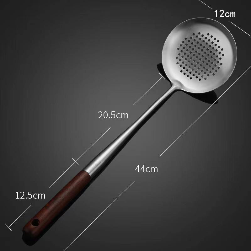 Chef's Kitchen Utensil Set: Extended Wooden Handle, 304 Stainless Steel Wok and Frying Spatula, Soup Ladle