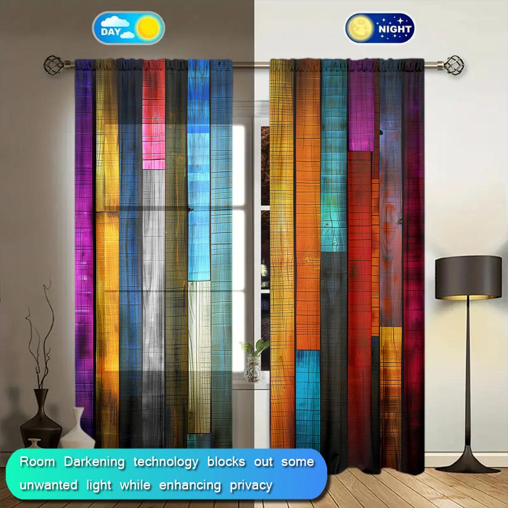 2 st Färgglada Träpanelskarvade Tryckta Gardiner för Heminredning - Stångficka Fönsterbehandling för Sovrum, Kontor, Kök