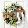 17.7 Inch Easter Wreath with White Lilies, Cross & Ribbon - Rustic Farmhouse Door Garland with Beige & Brown Floral Arrangement