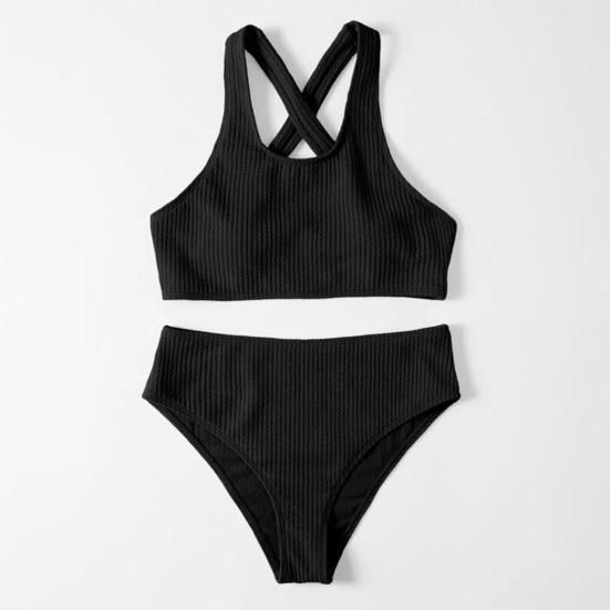 2Pcs/Set Women Bikini Set U-Neck Sleeveless Removable Padding Bra High Waist Swimming Trunks Set Ribbed