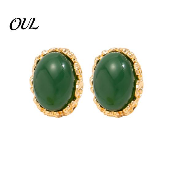 Hypoallergenic Feel Earrings 1 Pair Vintage Oval Stud for Women, Retro Statement Commuter Accessories Office Gemstone Earrings, Gold Frame Chunky