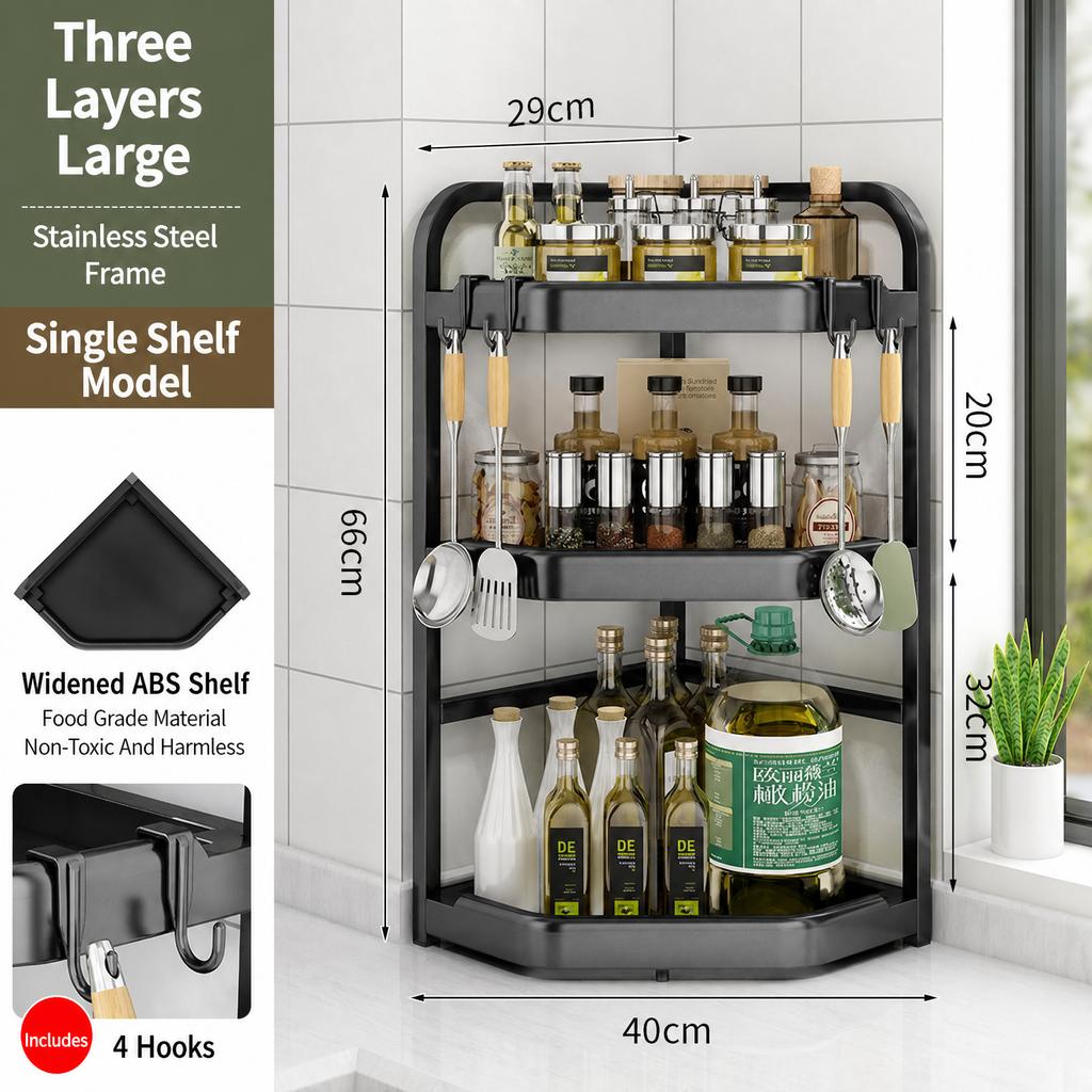 Kitchen Corner Storage Rack No-Drill Countertop Organizer Modern Minimalist Carbon Steel