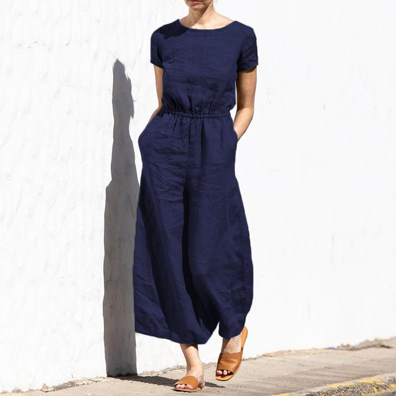 Cotton and Linen Jumpsuit Women Solid Color Sleeveless Pocket High Waist Wide Legs Jumpsuits Casual Commuting Ladies Bodysuits