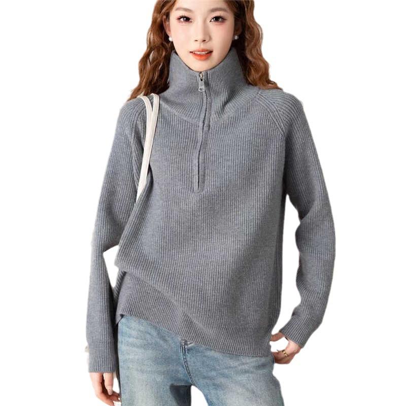 Women's Half-Zip High-Neck Sweater: Loose, Thick Knit Pullover for Autumn/Winter 2024