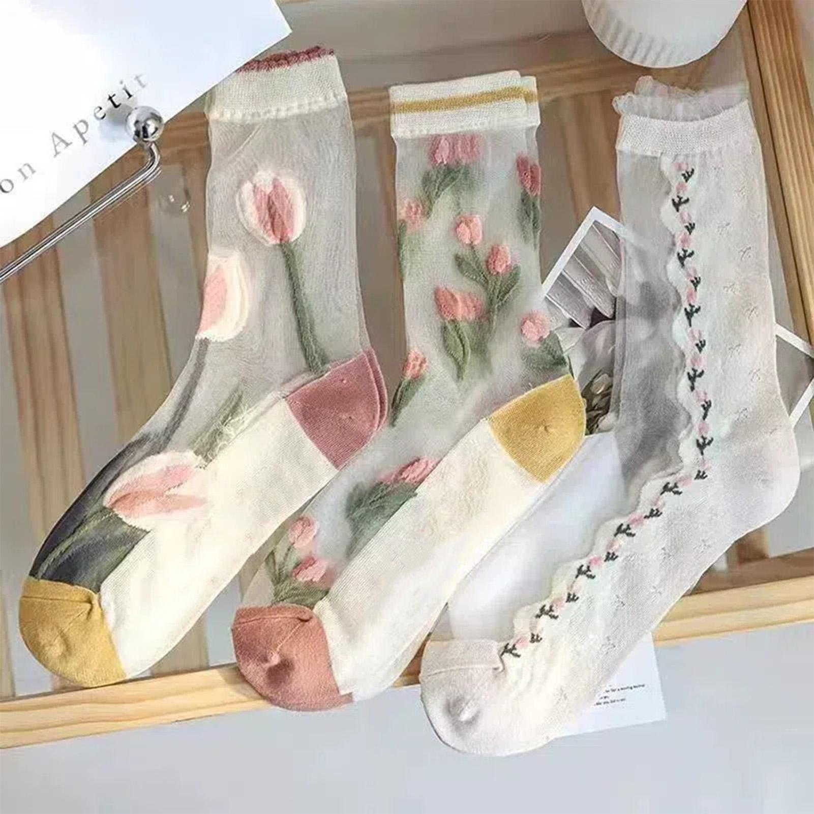 

3 Pair Women Elastic Lace Sheer Socks Sweet Floral Design Summer Breathable Socks for Most Kinds of Dress Matching