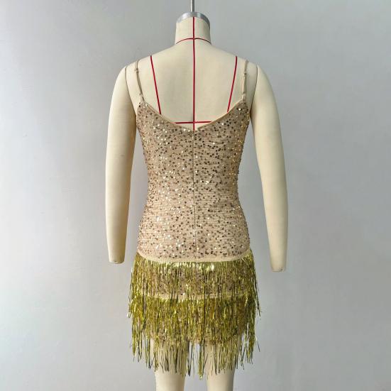 Women Evening Dress Sequin Tassel Decor Sleeveless Skinny Sheath Backless V Neck Prom Banquet Mini Dress