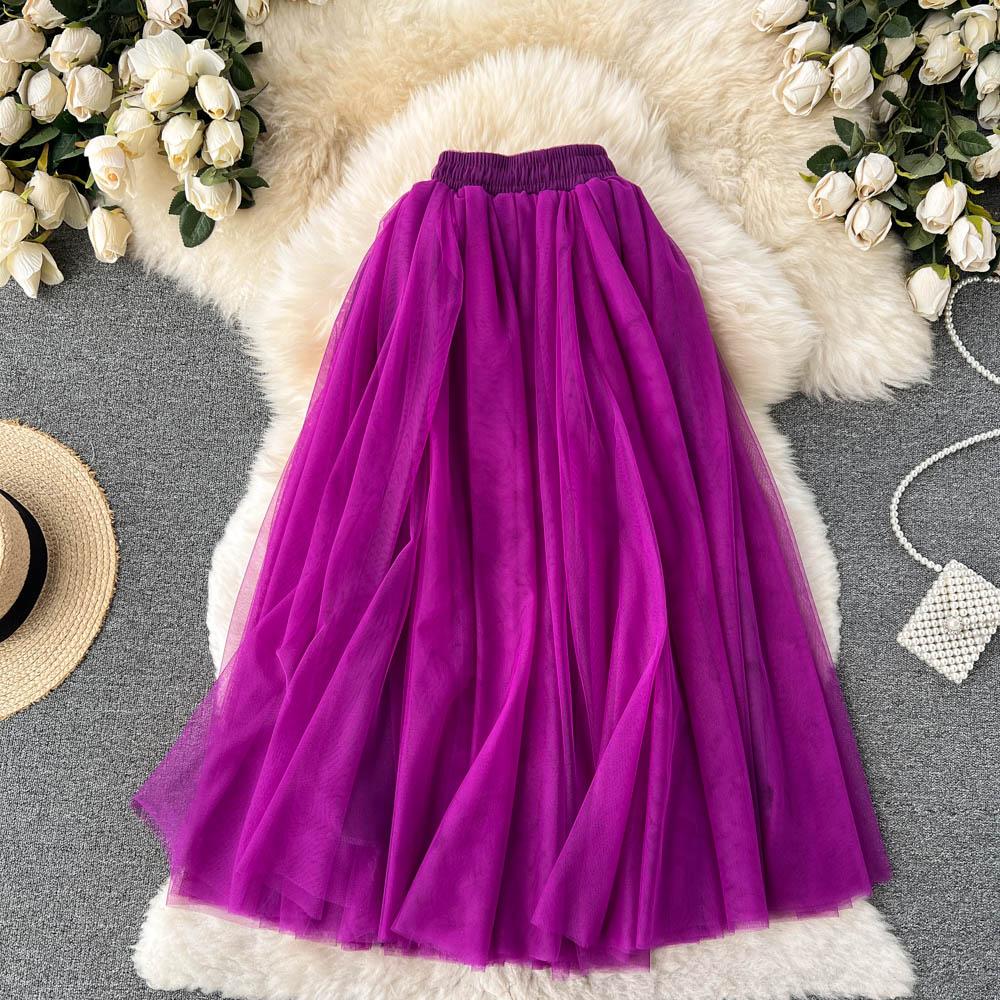 Spring And Summer Pure Color Mesh Pleated Skirt Medium Length Classic Loose And Thin Versatile High Waist Skirt