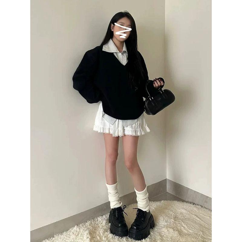 

Черная рубашка в стиле кэжуал, комплект свитера с V-образным вырезом Black Sweater S