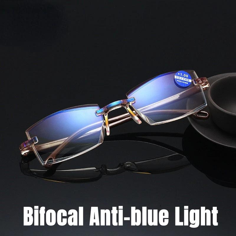 Unisex Diamond-Cut Reading Glasses Ultralight Rimless Presbyopia Eyeglasses Luxury Blue Light Blocking Eye Protection Eyewear