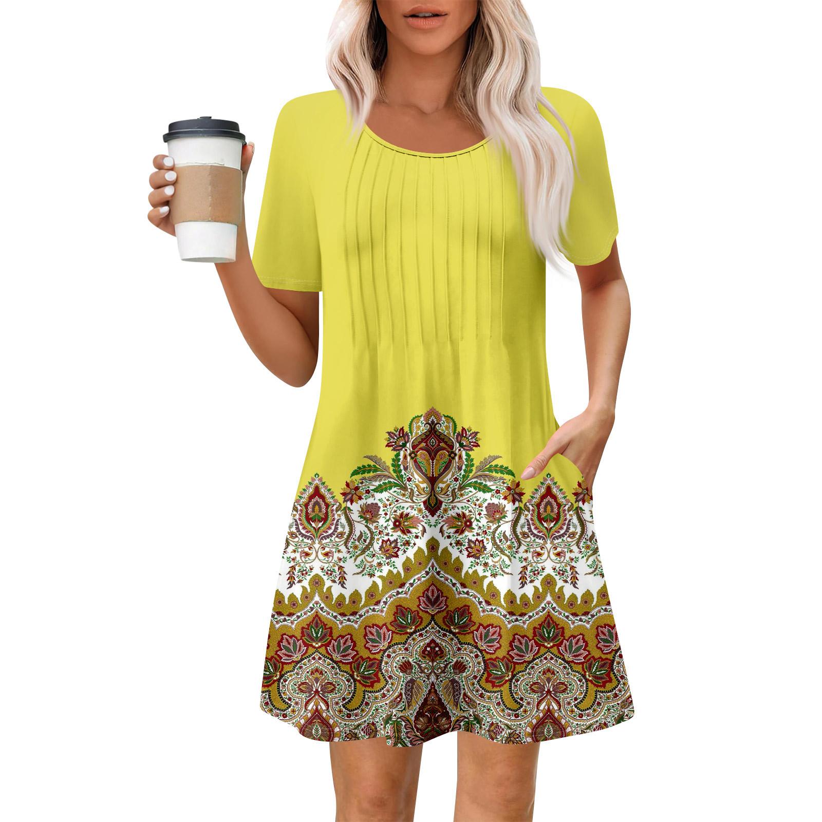 

Женское летнее платье свободного покроя для пляжного отдыха, сарафан с коротким рукавом и круглым вырезом, с карманом, с коротким рукавом, платье-рубашка XL жёлтый