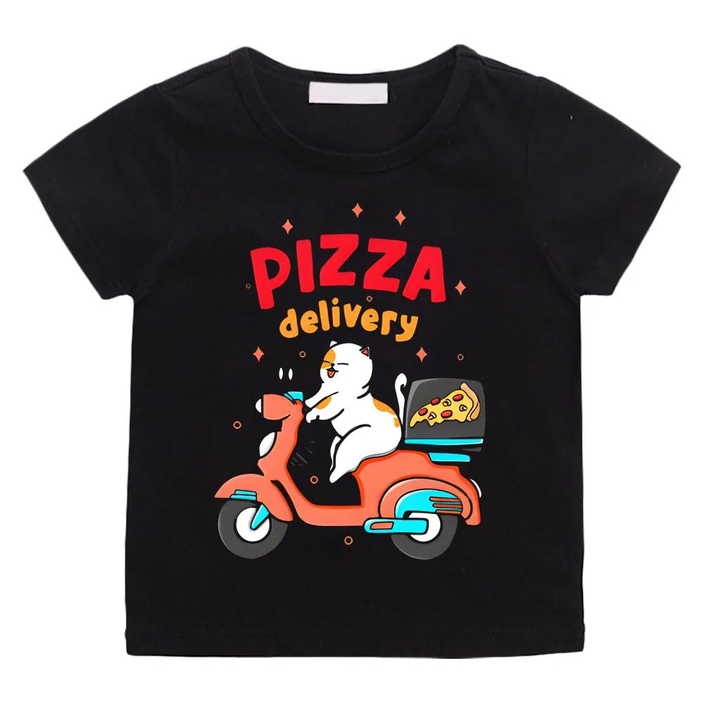 Kids Cotton T-shirt Fun Pizza Delivery Cartoon Print Pattern Baby Clothes Boy Girl Children Tee-shirt Funny Short Sleeve Tees Tops
