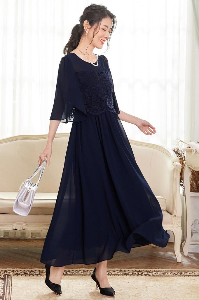 Hanmall Blue Chiffon Party Formal Lace Round Perfect for and Special LON516 Dress, Dress, Embroidered, Flared, 3/4 Sleeves, Neck, Weddings,