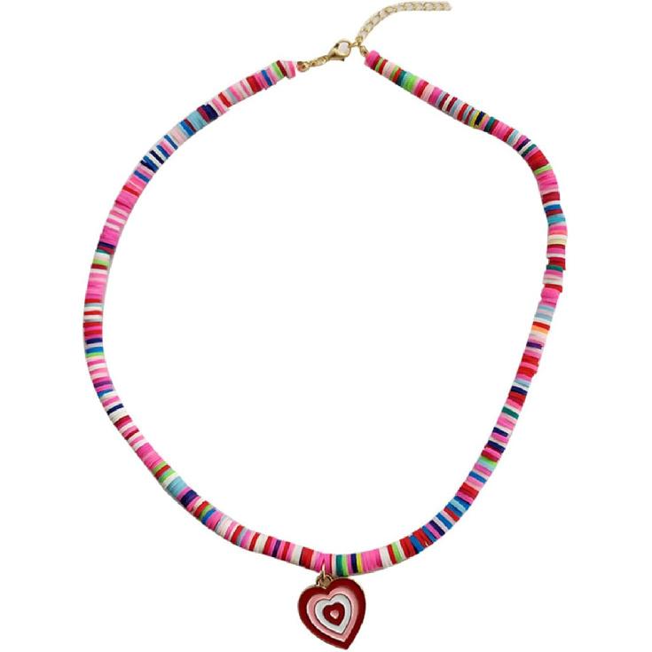 Surfer Heishi Choker Necklace for Women Soft Polymer Clay Necklace Clay Record Disc Beads Necklace Love Heart Pendant Necklace Boho Beach Necklace