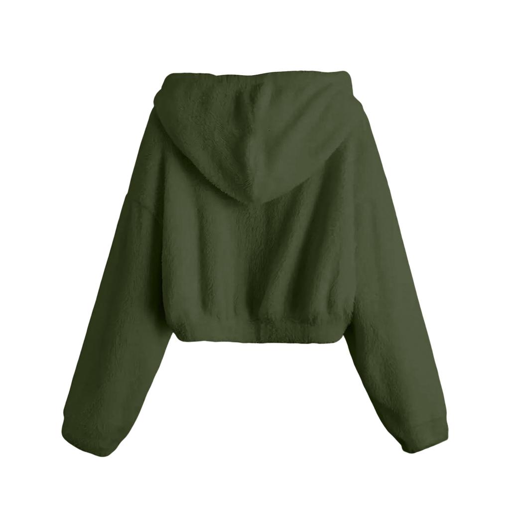 Damen Modische Lässige Dicke Fleece Oberteil Kurze Länge Langärmelig Kapuzenjacke