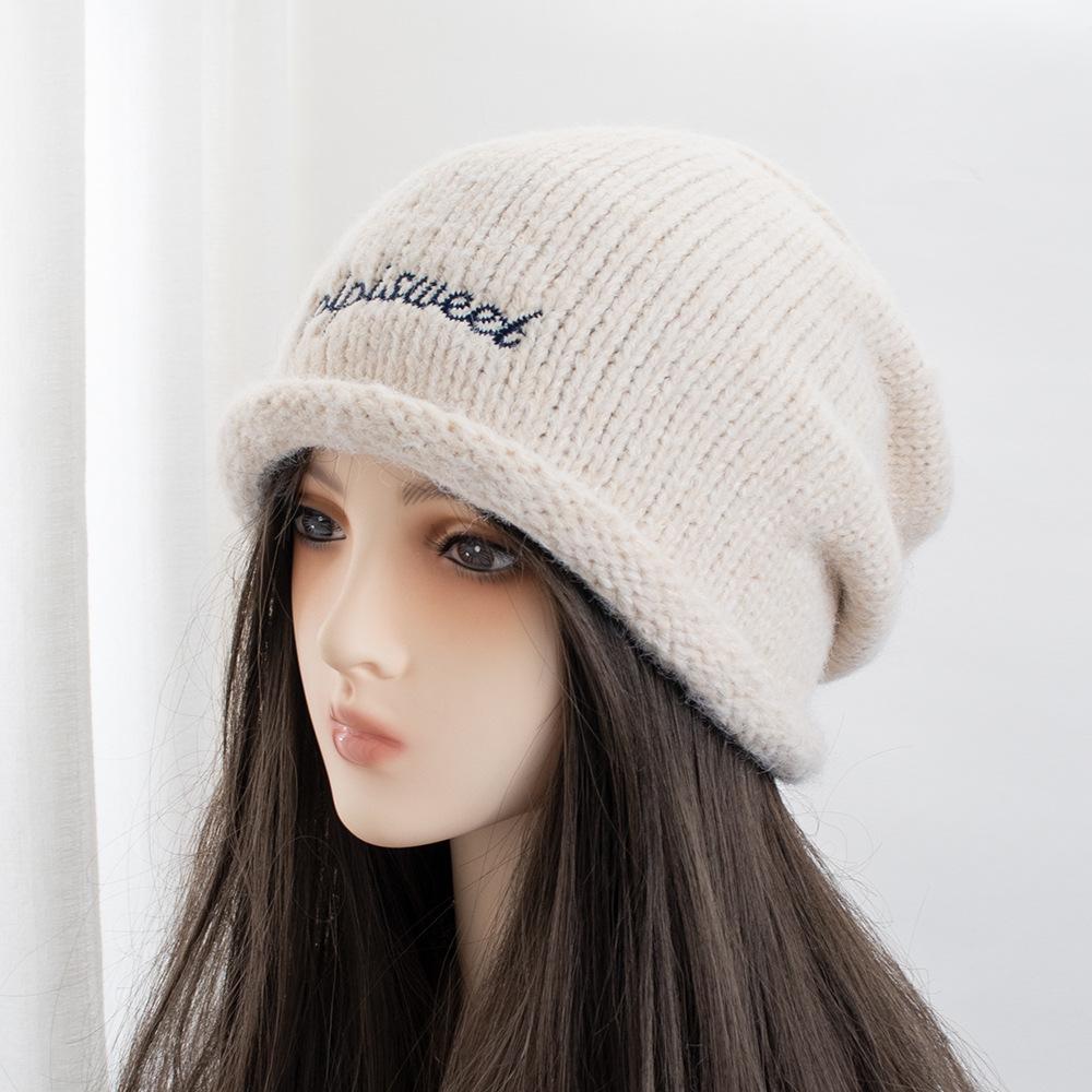 Retro letter embroidery crimped knitted stacking hat women's autumn and winter warm high-end sense fashion trend bag head hat