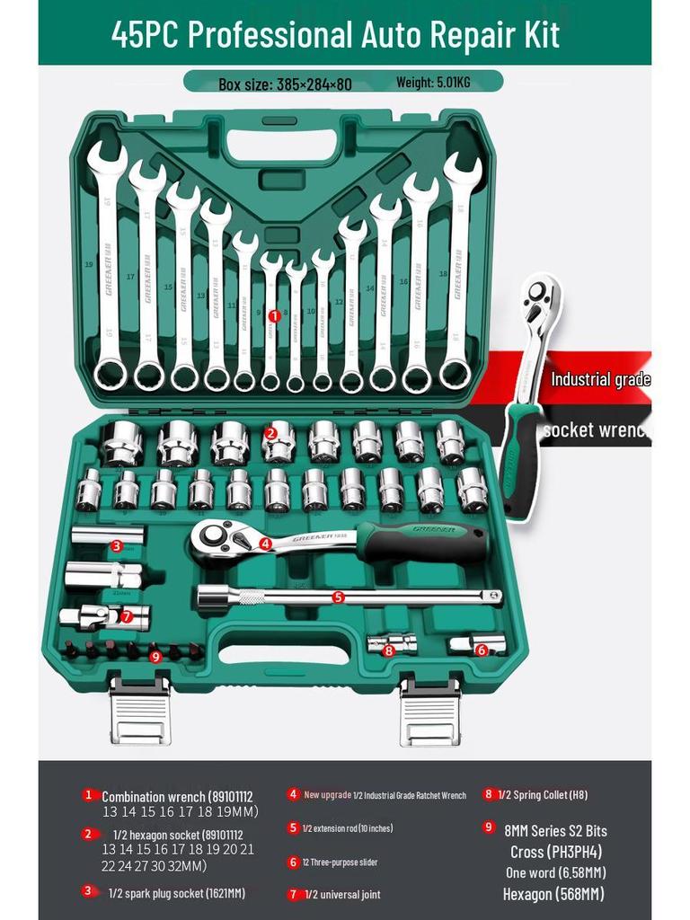 Green Forest Auto Repair Tool Set: Socket Wrench, Ratchet, Combination Tool Box.