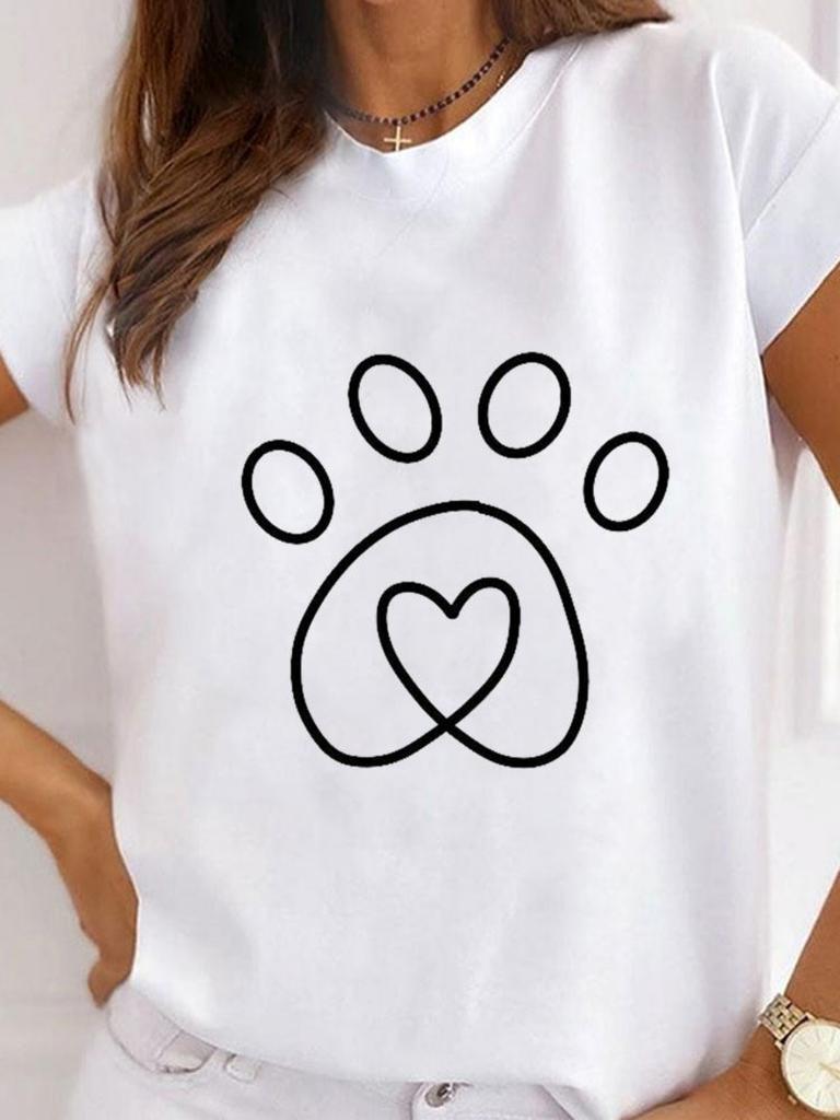 Fashionable Cartoon Cat Printed Womens Tshirt Fashionable Round Neck Top Casual Short Sleeved Womens Clothing