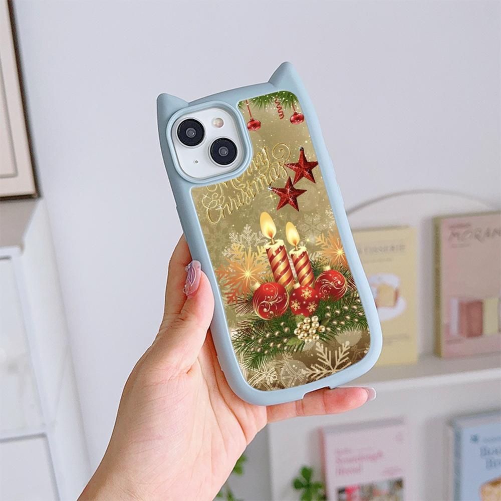 Cat Ear Soft Phone Case for iPhone 16 15 14 13 12 Pro Max Anti-Drop Transparent Acrylic Back Cover NY36 New Year Christmas Santa Claus Christmas tree
