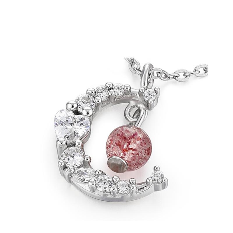 Crescent Moon Inlaid Clear Zircon with Speckled Pink Round Bead Pendant Minimalist Women Clavicle Sweater Necklace
