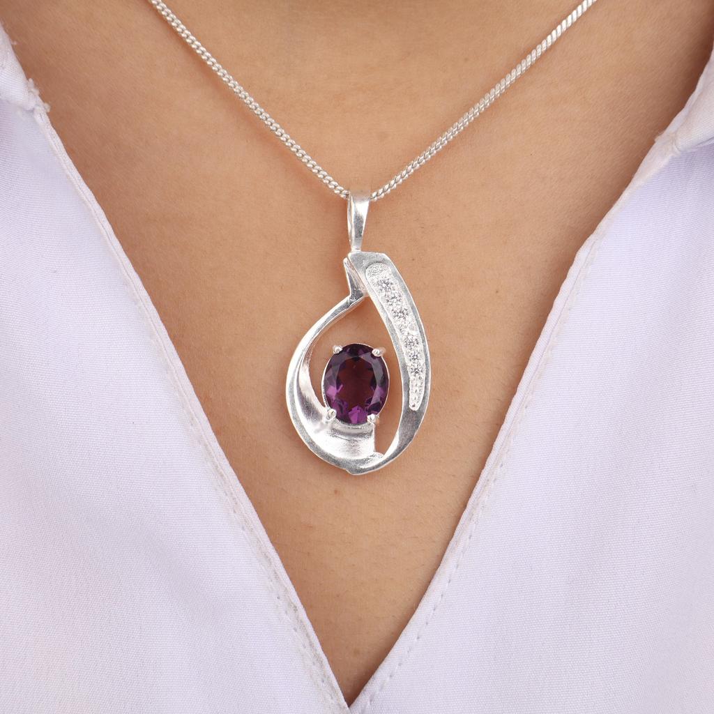 Amethyst Gemstone 925 Sterling Silver Jewelry Zircon Pendant 1.4" , Partywear Women's Pendant, Anniversary Gift For Her CZP-16-1