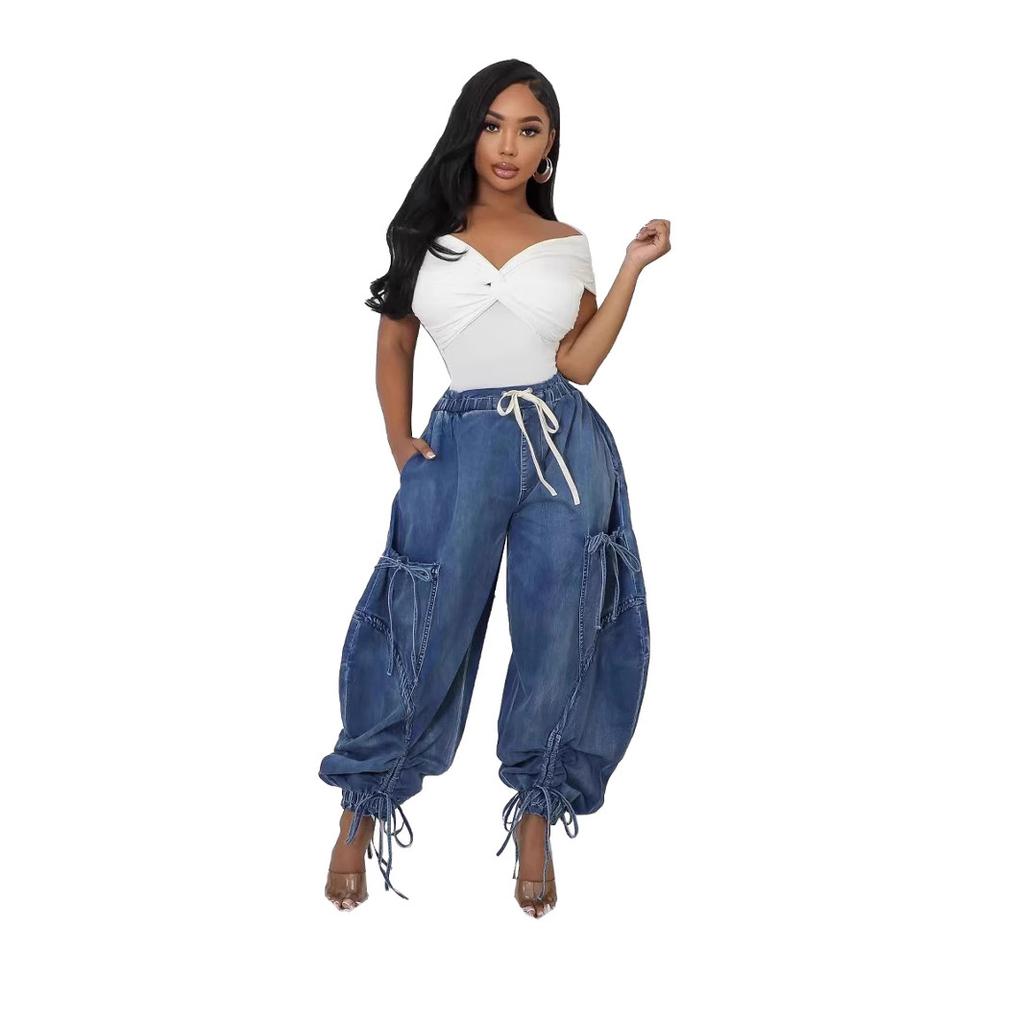 Sexy Wide Leg Jeans with Lacing Cargo Pants Women High-waisted Elegant Streetwear Denim Loose Trousers