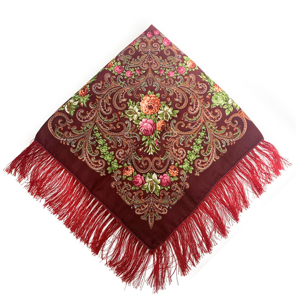 90*90cm Women Russian National Square Scarf Luxury Floral Print Russian Shawls Scarves Female Retro Fringed Foulard Wraps