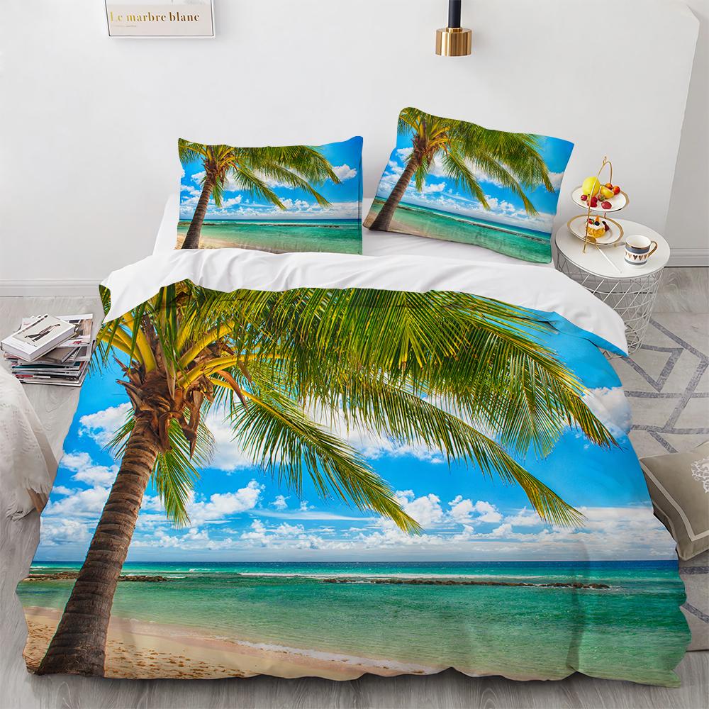 Ocean Beach Palme Bettbezug Set Meereswelle Polyester Steppdecke Bezug Tropische Blätter Hawaiianischer Urlaubsdruck Für Kind Erwachsener Teenager