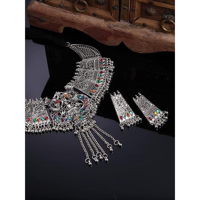 Shining Diva Fashion Latest Stylish Traditional Oxidised Silver Necklace Jewellery Set for Women