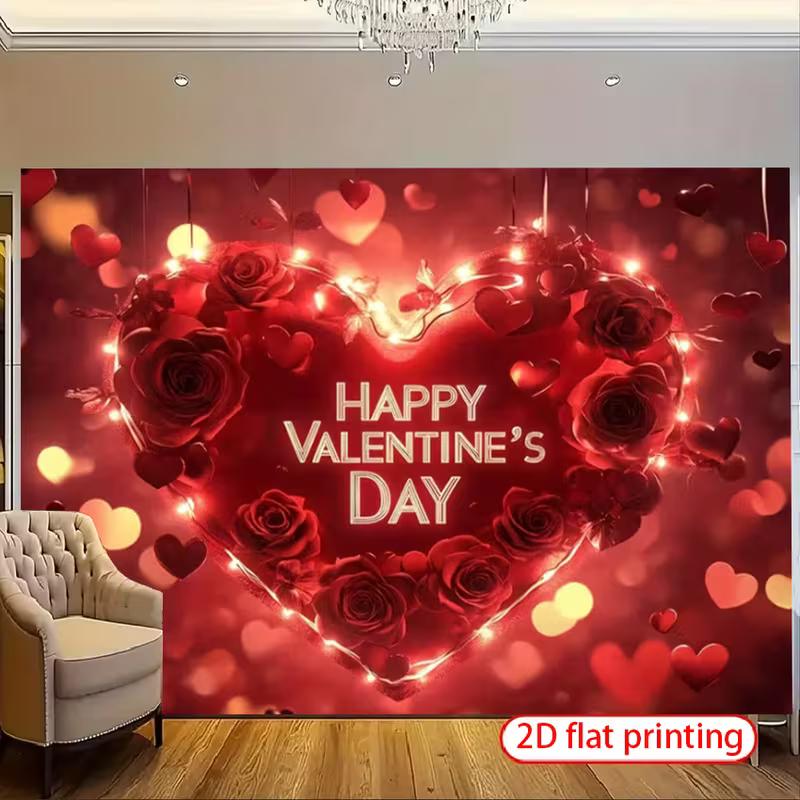 2D Couple Photography Backdrop with Romantic Red Heart and Bokeh Lights
