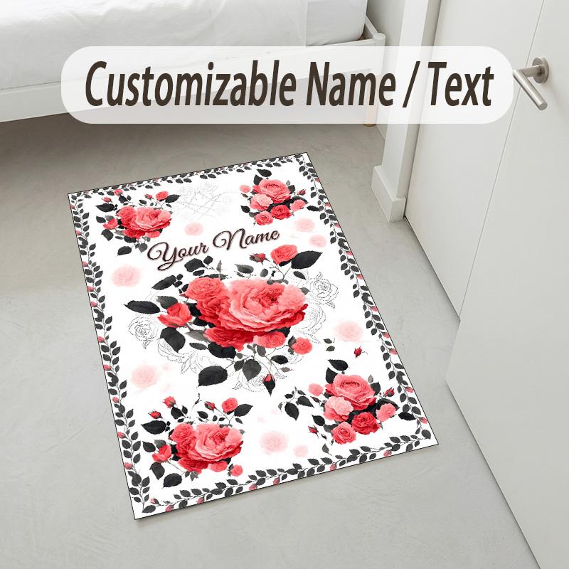 Floral Artwork Theme Soft Crystal Velvet Rug Custom Name & Text Print Non Slip Floor Rug for Bedroom Living Room