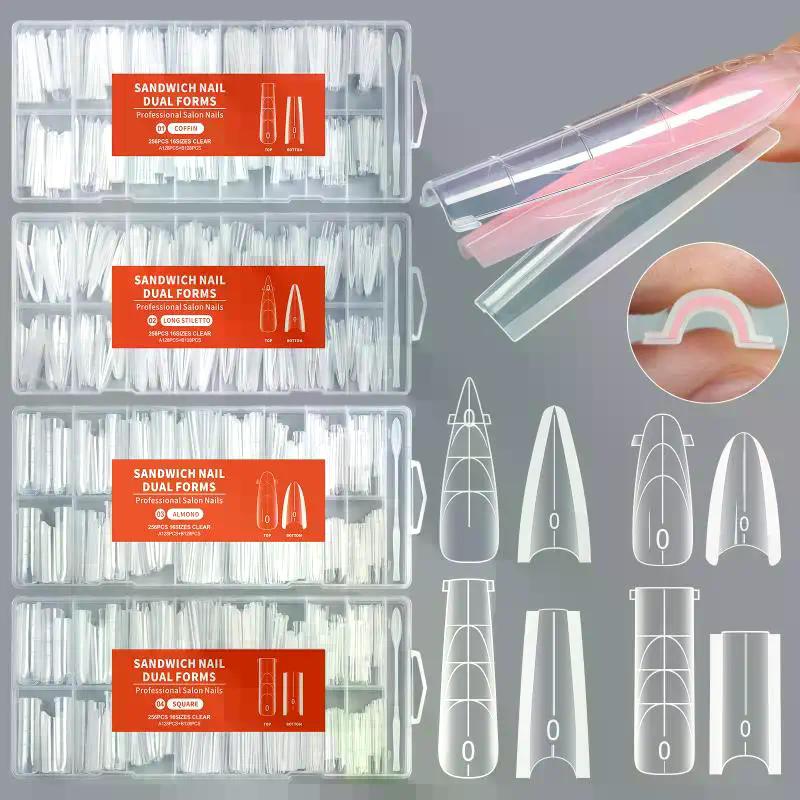 256pcs Sandwich Dual Nail Mode For Nail Extension Almond Coffin 16 Size Reusable Top Bottom Forms Nail Art Extension Tools