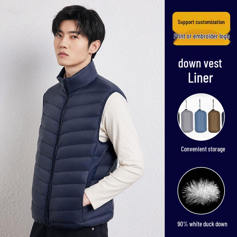 Men s Custom Lightweight Down Vest - Stand Collar, Slim Fit, Printed Design L темно-синий