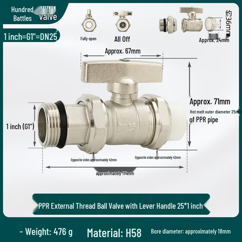 All-Copper PPR Male Thread Double Union Ball Valve for Water Pipes - Compatible with 4, 6, 20, 25, and 32 Points.