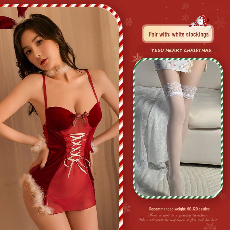 Seductive See-Through Halter Lingerie: Christmas New Year Plush Tie-Up Padded Set