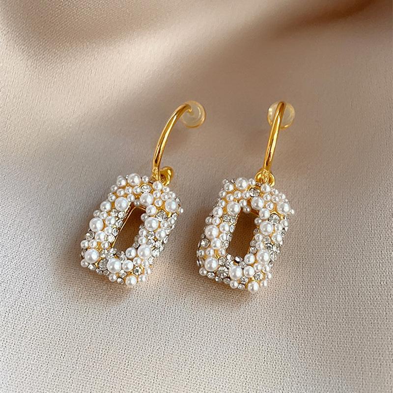 European and American retro diamond-set geometric square pearl stud earrings temperament earrings women