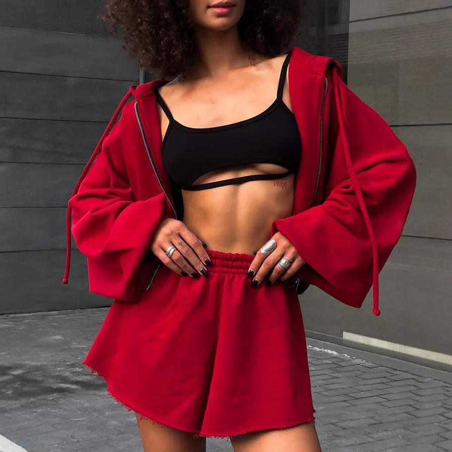 Solid Color Long Sleeve Hooded Drawstring Sweatshirt Shorts Set Casual Women's Two-Piece Outfit