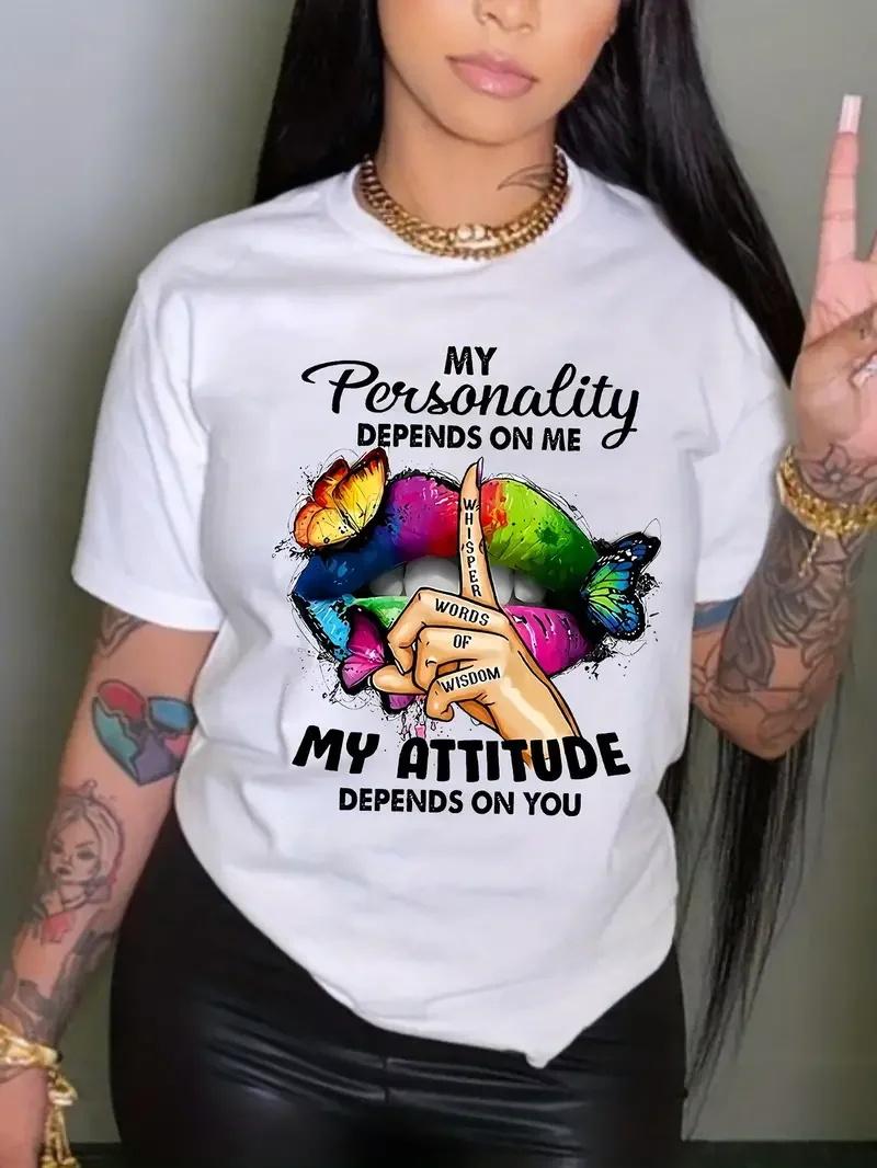 

Butterfly and Lip Printed Plus Size T-Shirt Women Short Sleeved Round Neck Casual Top Fashionable Street Original Style Tops 4XL