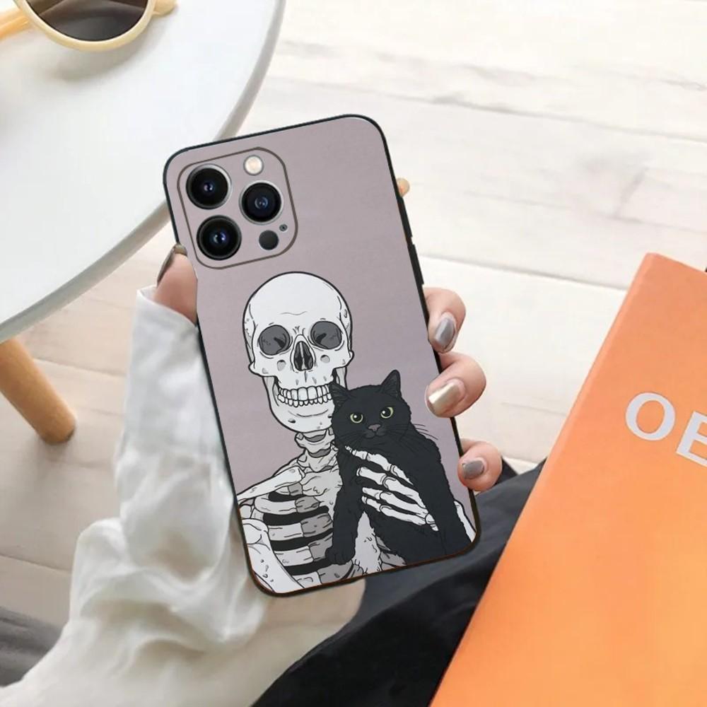 Skeleton Cat Painted Phone Case For iPhone 15,14,13,12,11,Plus,Pro Max,XS,X,XR,SE,Mini,8,7 Soft Silicone Black Cover