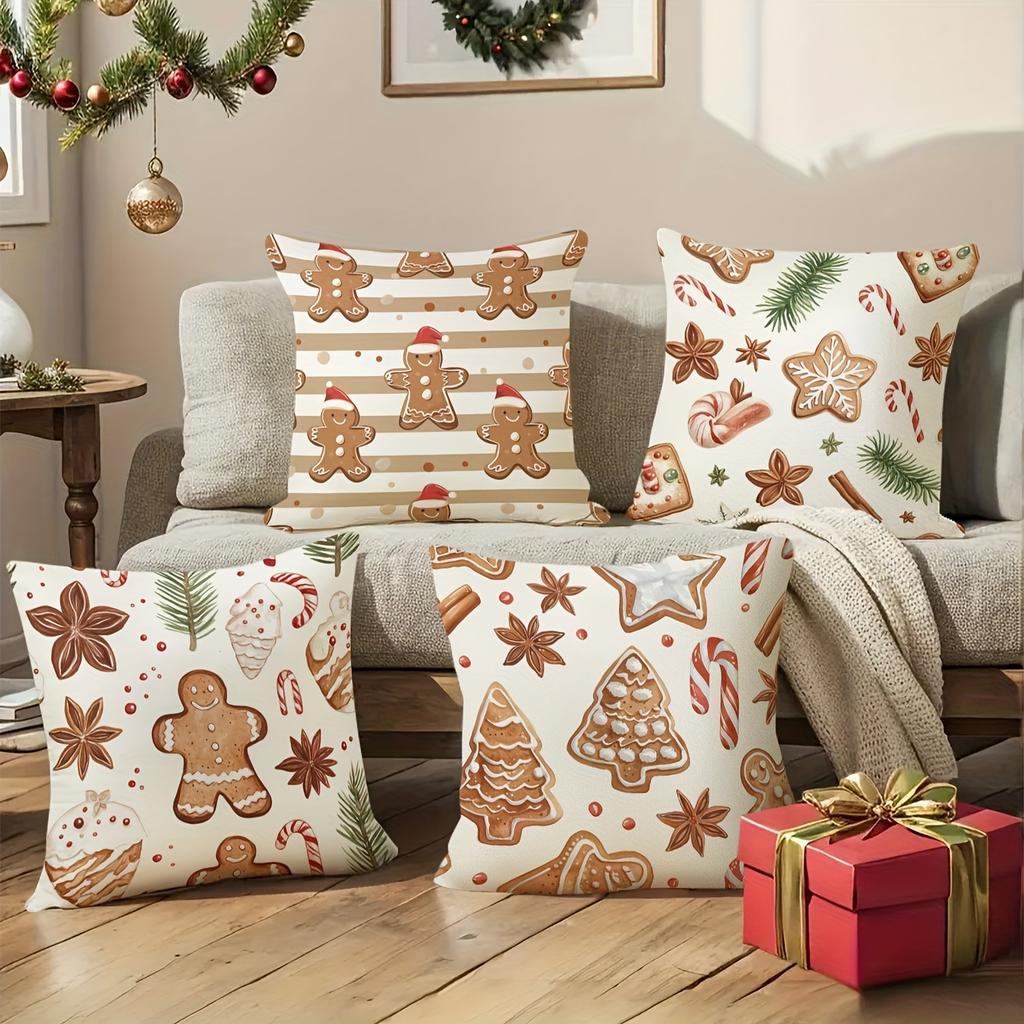 4 Christmas Polyester Pillowcase Set Gingerbread Pattern Festive Decor For Home Sofa Couch Holiday Season Cozy Atmosphere