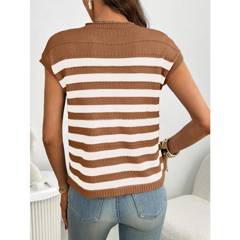 Summer New Women's Round Neck Top Thick Stitch Casual Striped Sweater