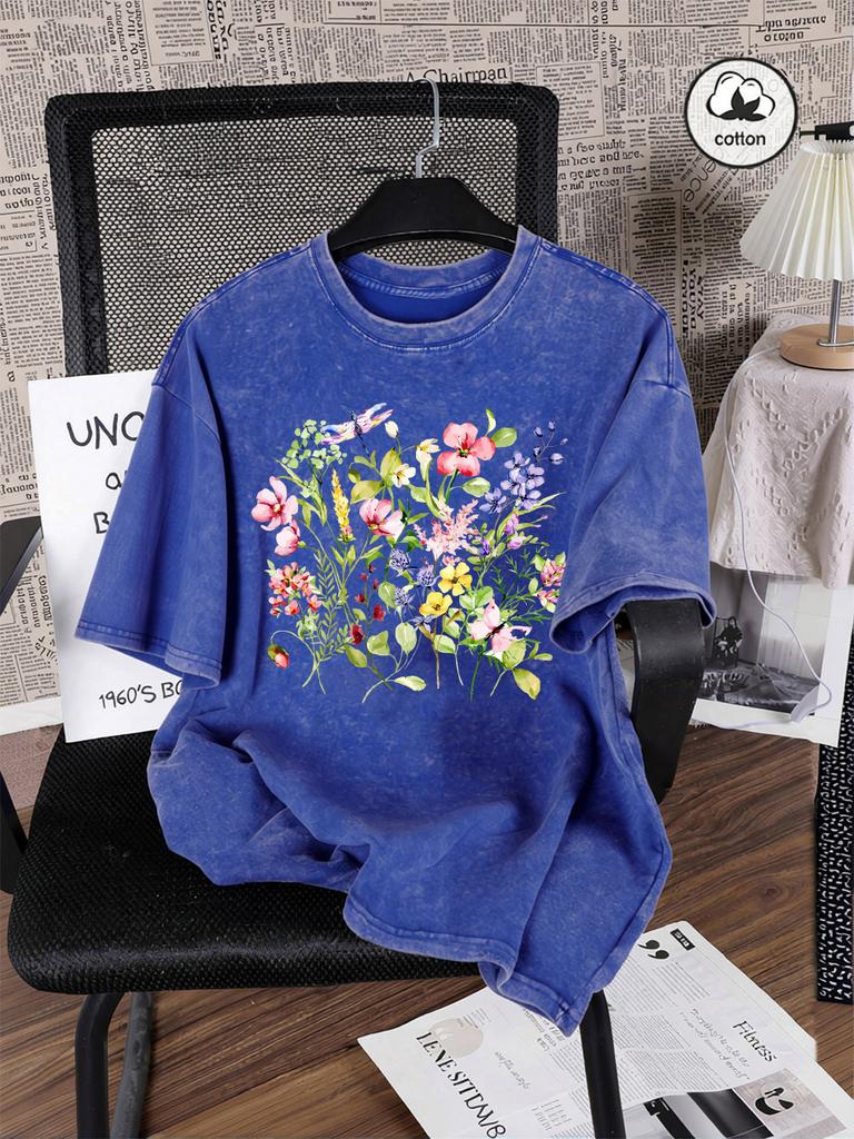Beautiful Flowers Dragonflies Print Washed TShirts Womens Cotton Oversize T Shirt Summer Short Sleeve Tops Basic ONeck Clothes
